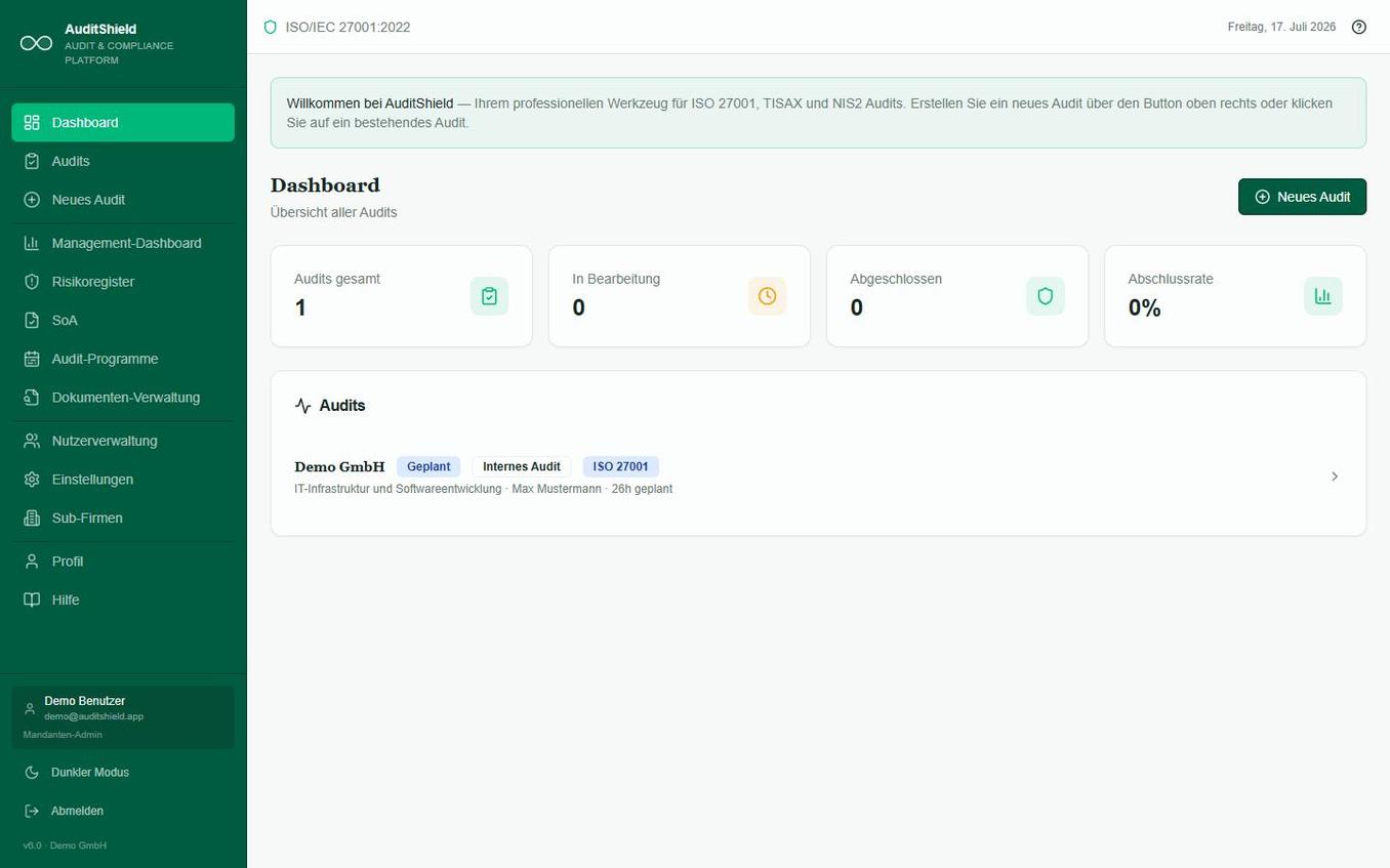 AuditShield v6.0 Dashboard mit Audit-Statistiken und Seitenleiste