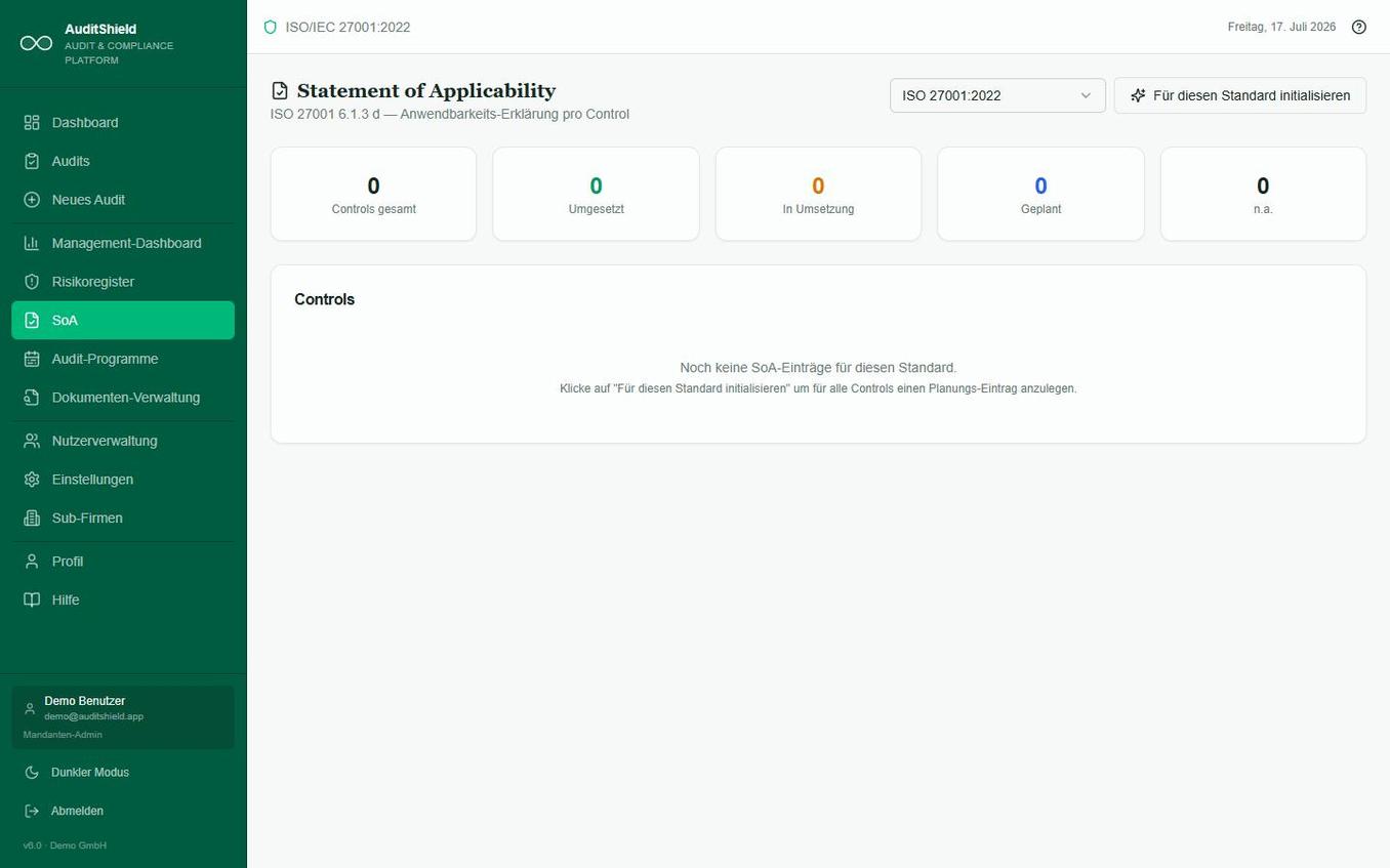 Statement of Applicability für ISO 27001:2022 mit Control-Umsetzungsstatus
